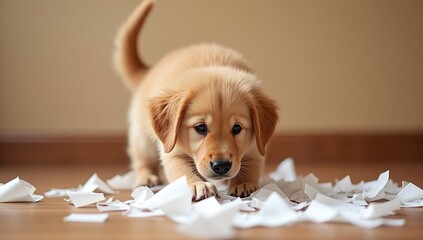 Cute Golden Retriever Puppy Playing with Torn Paper Indoors