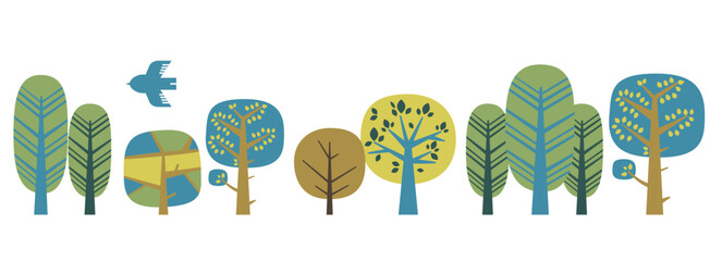 緑の森の木々と鳥の北欧風イラスト