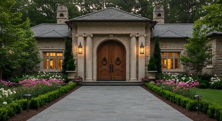 Luxurious home exterior with elegant architecture and landscaped garden