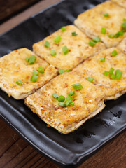 Crispy Pan-Fried Tofu with Scallions on Teppan Grill - Asian Vegetarian Cuisine