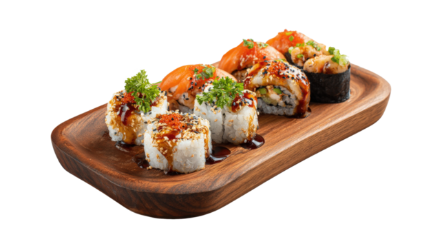 Tasty sushi food on a wooden board isolated on a white background - Powered by Adobe
