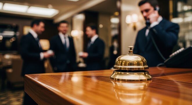 Hotel concierge service bell anticipating guest needs with staff in background