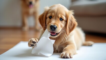 Cute Golden Retriever Puppy Playing with Torn Paper Indoors