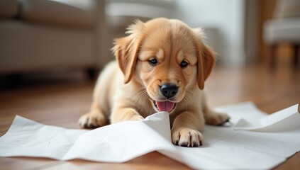 Cute Golden Retriever Puppy Playing with Torn Paper Indoors
