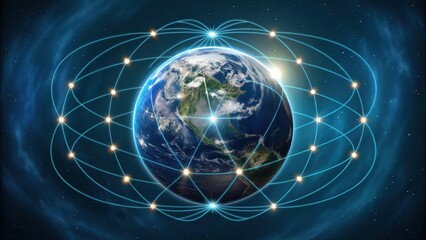 Obraz premium A digital illustration of Earth surrounded by a network of glowing lines, symbolizing connectivity and communication in space.