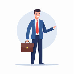 Professional businessman in a stylish suit holding a briefcase and gesturing, representing corporate success, leadership, and effective communication in a modern business environment