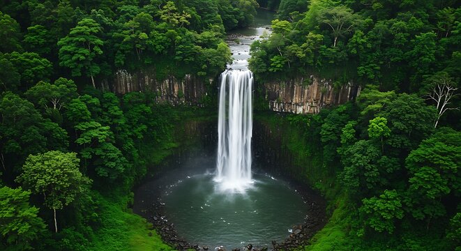 Lush waterfall cascading into a serene pool surrounded by vibrant green forest - Powered by Adobe