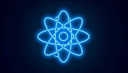 Glowing blue neon atom model on dark background