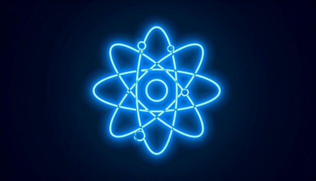 Glowing blue neon atom model on dark background - Powered by Adobe