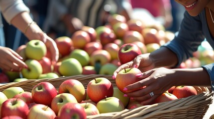 “woman-picking-fresh-apples-at-farmers-market”