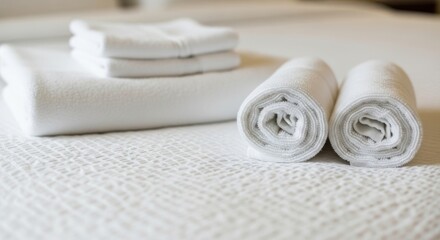 Neatly rolled white hotel towels ready for guest use on a clean surface