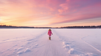 Cute preschool kid is playing on the ice of a frozen lake or river on a cold sunny winter.