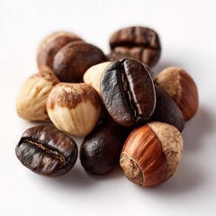 Fototapeta premium Pile of coffee beans and hazelnuts isolated on white background