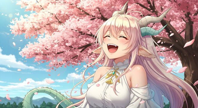 Anime style character smiling with blossoming pink cherry trees in background