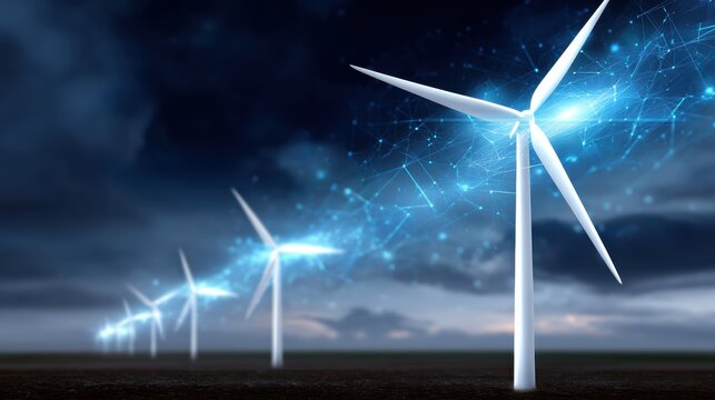 A futuristic depiction of wind turbines harnessing energy, surrounded by a digital network, symbolizing renewable energy and technological advancement.