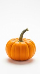 A single, vibrant orange pumpkin with a curved green stem sits against a plain white background.