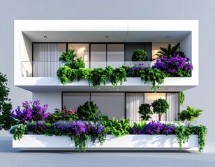 Modern, white apartment building with lush balcony gardens