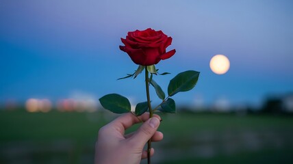 Delicate red rose held gently under a twilight sky with a soft moon glow
