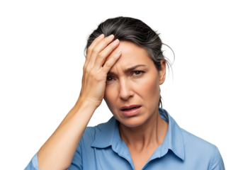 Stressed businesswoman with hand on forehead expressing deep concern and worry about business challenges and deadlines