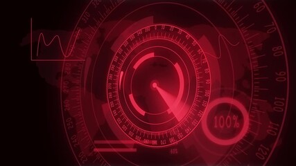 Digital radar interface in red showing world map and technology data. Red digital radar screen displaying data and world map overlay. - Powered by Adobe