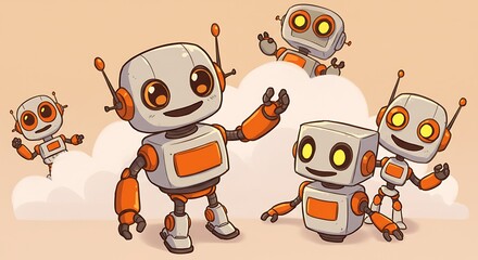 Group of smiling robot characters on peach background with clouds