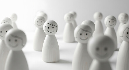 Joyful wooden figures with painted faces standing together in a bright slightly blurred scene
