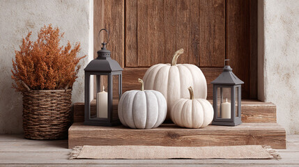 Rustic Fall Porch Decor with Pumpkins and Lanterns
