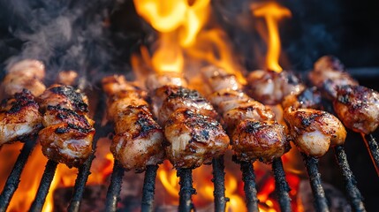 Grilled meat skewers sizzle over an open flame, creating a smoky, appetizing aroma perfect for outdoor gatherings and barbecues.