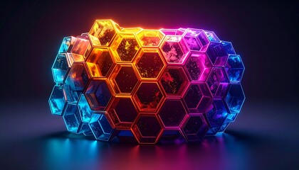 Futuristic Hexagonal Structure Illuminated with Vibrant Neon Colors, Digital Art