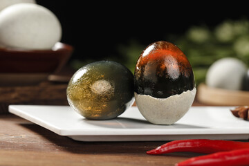 Traditional Chinese Century Eggs Gourmet Preserved Food Delicacy on White Plate