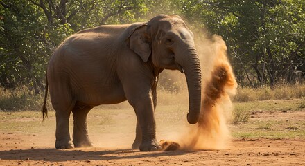 Magnificent elephant kicking up dust in natural outdoor environment