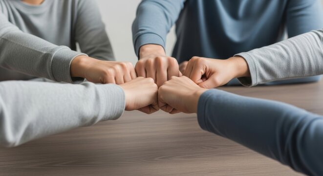 Close-up of diverse friends fist-bumping. A powerful symbol of unity, trust, and successful teamwork. Minimalist concept of community, collaboration, and friendship. - Powered by Adobe