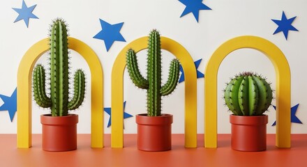 Stylized Green Cacti in Red Pots Framed by Yellow Arches  
