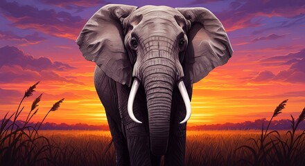 Majestic african elephant with large tusks stands in savanna at sunset