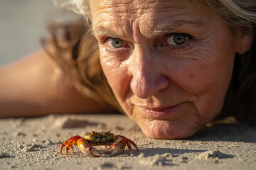 Close-up of an elder senior woman at the beach, looking at a crab on the sand, capturing curiosity, reflection, and a gentle connection with nature in a sunlit coastal scene. AI-generated