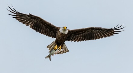 Fototapeta premium Majestic bald eagle in flight carrying fish against clear sky