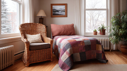 Fototapeta premium Winter Cozy Bedroom with Rustic Charm