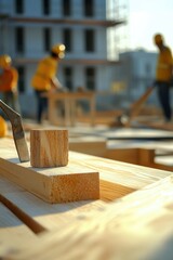 Volunteers actively engaged in building a community project during golden hour at a construction site. National Day of Community Service