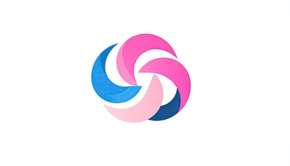 Abstract logo design with a circular, multicolored,  interlocking, geometric pattern