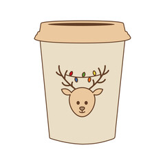 Cute coffee cup with reindeer face and colorful Christmas lights on its antlers, perfect for holiday season design
