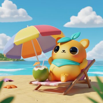 A 3D cute cartoon character named Gulu Gulu, in a colorful 3D sea beach relaxing under the umbrella.