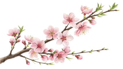 Delicate pink peach blossoms and buds on a brown branch Cutout PNG isolated on a transparent background