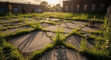 Overgrown derelict sports area showcases nature taking over urban wasteland in golden light