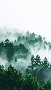 Fototapeta Misty mountain forest scene. Lush green trees rise above a hazy, white fog