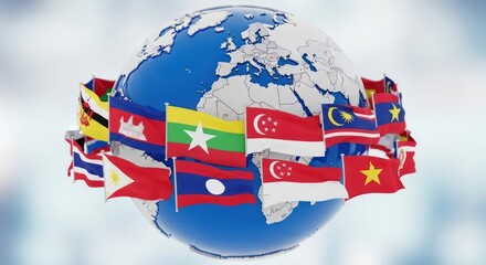 Global unity reflected through a collection of southeast asian national flags orbiting earth