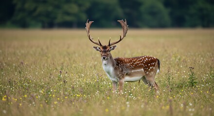 Majestic deer with antlers stands in a field of grass and wildflowers