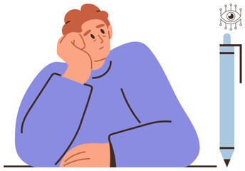 Seated person with hand on face, pen, and abstract eye with circuit lines hinting at vision and innovation. Ideal for creativity, brainstorming, curiosity, insight, contemplation, self-reflection