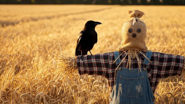 Crow on Scarecrow in Golden Wheat Field - A black crow perches on the straw arm of a scarecrow wearing a plaid shirt and overalls. The scarecrow stands in a vast, sunlit field of ripe golden wheat.