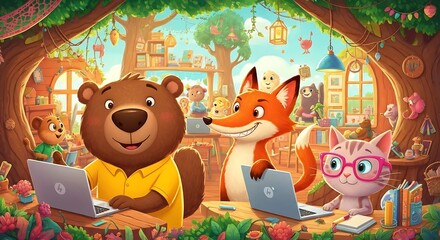 Adorable cartoon animals collaborate on laptops in a whimsical treehouse classroom, learning together with joyful expressions and vibrant decor