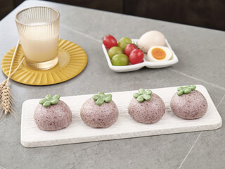 Purple Speckled Mangosteen-Inspired Pastry Buns with Milk and Colorful Garnishes on Marble Surface